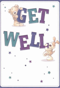 This delightful get well card perfectly echoes the friendly and supportive spirit so often felt in Kensal Green. Two enchanting companions-a chubby brown teddy with a soft, almost touchable coat and a floppy-eared puppy with expressive, hopeful eyes-are playfully intertwined with bold, dynamic lettering spelling out 'GET WELL.' The bear's gentle embrace of the text and the cheerful pup's attentive nuzzle mirror the kindness that flows through local parks like Roundwood. Scattered surrounding stars, in hues of vibrant purple and teal, shimmer against a pristine white background reminiscent of the clean, open spaces near Harrow Road. The playful yet carefully crafted details in both characters give a sense of true affection and empathy; their rounded forms and tender expressions foster a warm connection, just as a thoughtfully chosen bouquet from a favourite Kensal Green florist can offer heartfelt encouragement and support. The card's airy, uplifting vibe is brightened further by the lively colour palette, making it ideal for sending well wishes across the local community. The peaceful comfort of this artwork reminds me of the small, genuine acts of care that bring neighbours together-weaving hope, compassion, and a touch of magic into everyday life.